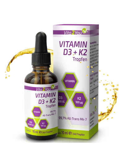 Vita2You Vitamin D3 + K2 Drops - 5000 IU D3 - Vitamin K2 100mcg - 340 Servings - High Dosage
