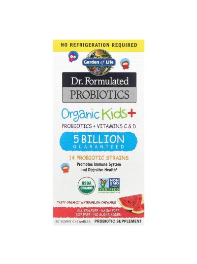 Garden of Life, Dr Formulated Probiotics, Organic Kids + Probiotics + Vitamins C & D Chewables, Tasty Organic Watermelon, 30 Yummy Chewables