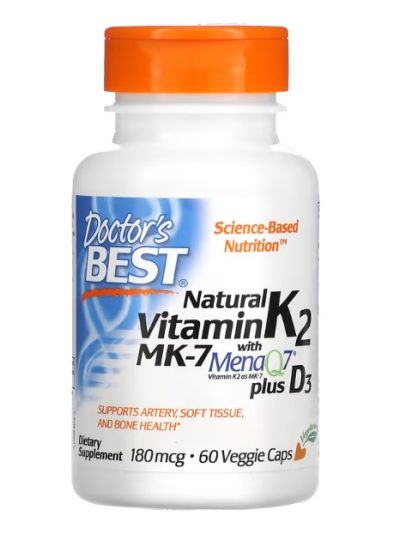 Doctor's Best Natural Vitamin K2 MK-7 with MenaQ7 plus Vitamin D3, Natural Vitamin K2 MK-7 with MenaQ7 and Vitamin D3, 180 mcg, 60 Vegetarian Capsules