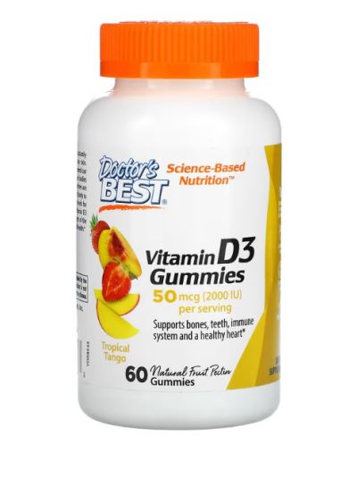 Doctor's Best Vitamin D3 Gummies, Gummies with Vitamin D3, Tropical Tango, 25 mcg (1,000 IU), 60 Gummies