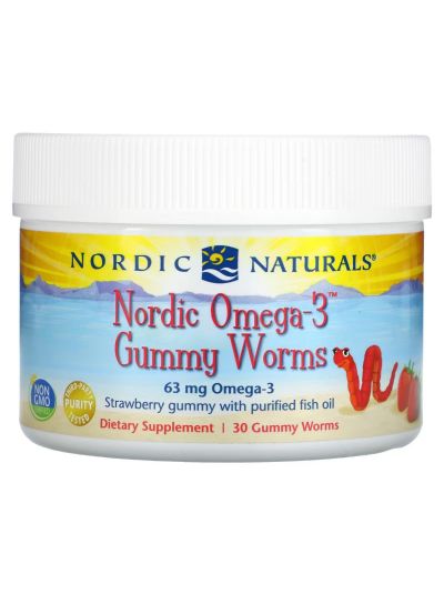 Nordic Naturals, Nordic Omega-3 Gummy Worms, Strawberry, 63 mg, 30 Gummy Worms