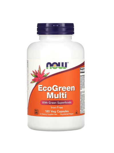 NOW FOODS ECOGREEN MULTI, IRON-FREE, 180 VEGGIE CAPS